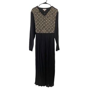 NWT Karavan Maxi Dress XL Black Gold Embroidery India Long Sleeve Boho‎ Chic